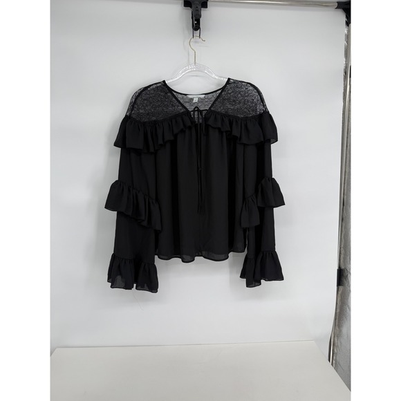 H&M Tops - HM‎ Womens Black Lace Yoke Ruffle Tiered Sleeve Tie Neck Blouse Top Sz L